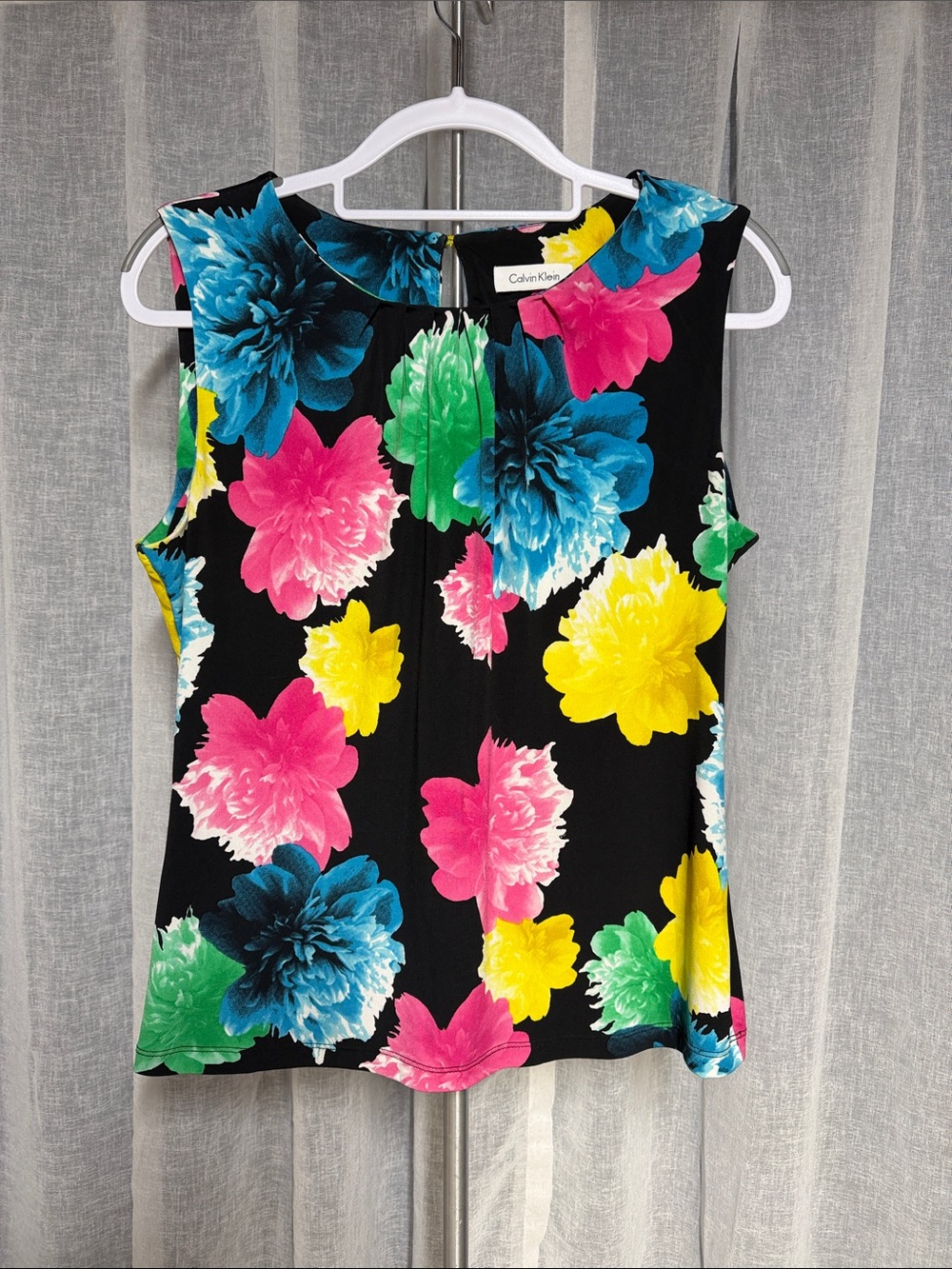 Calvin Klein Black Sleeveless Floral Camisole with Pink Yellow Blue Green Blooms